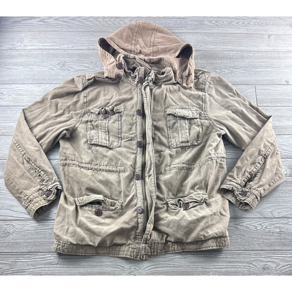 Aeropostale Mens XXL Khaki Tan Cotton Utility Field Jacket Hooded Cargo 2130